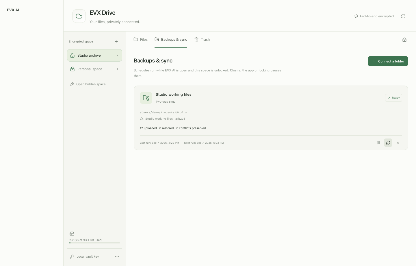 EVX Drive scheduled backup and folder synchronisation interface with sample jobs